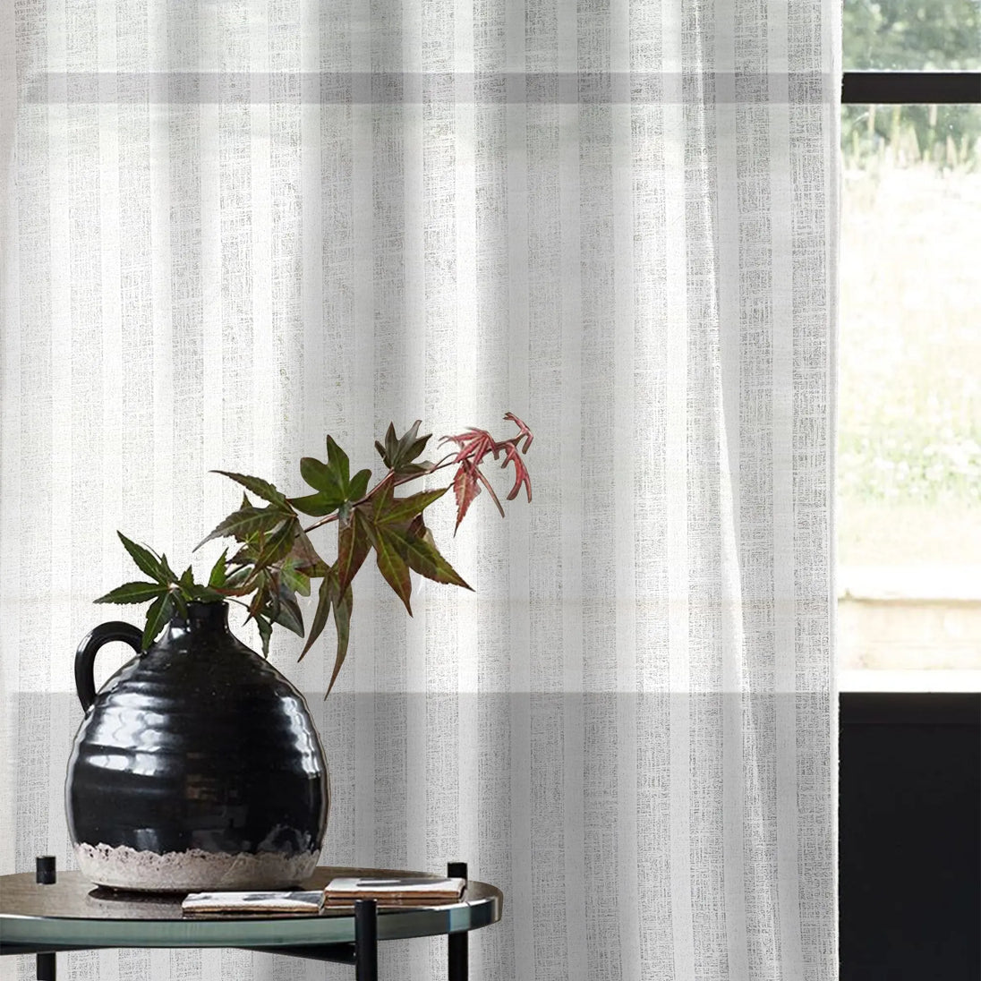 Ocean DeepStripe Linen-Look Sheer Curtains – Light-Filtering Drapes for Living Room & Bedroom Kapissh
