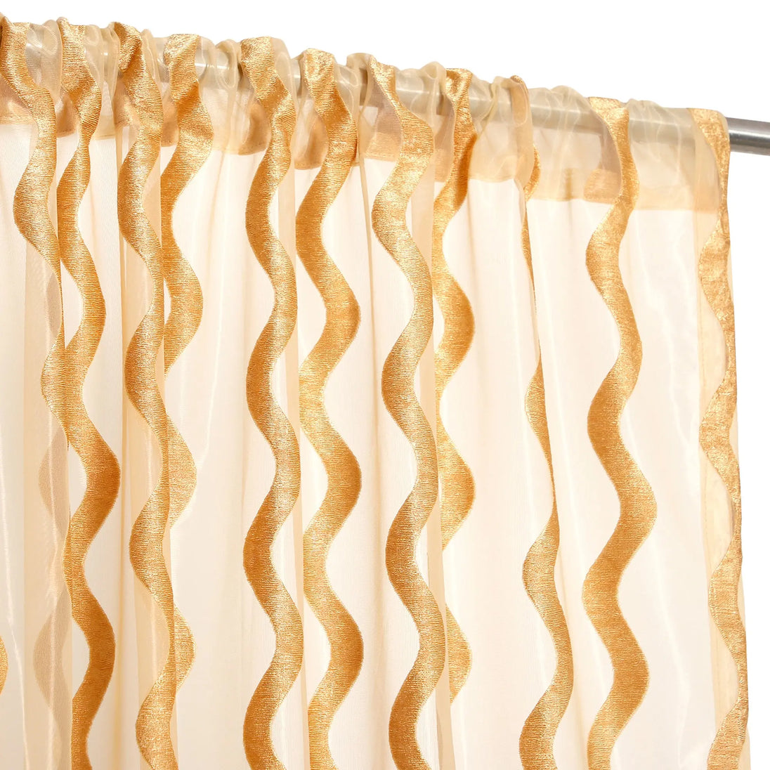 Rod pocket gold wave sheer curtain close-up.
