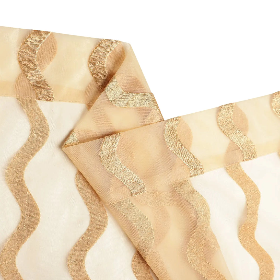 Folded gold wave sheer curtain fabric close-up.
