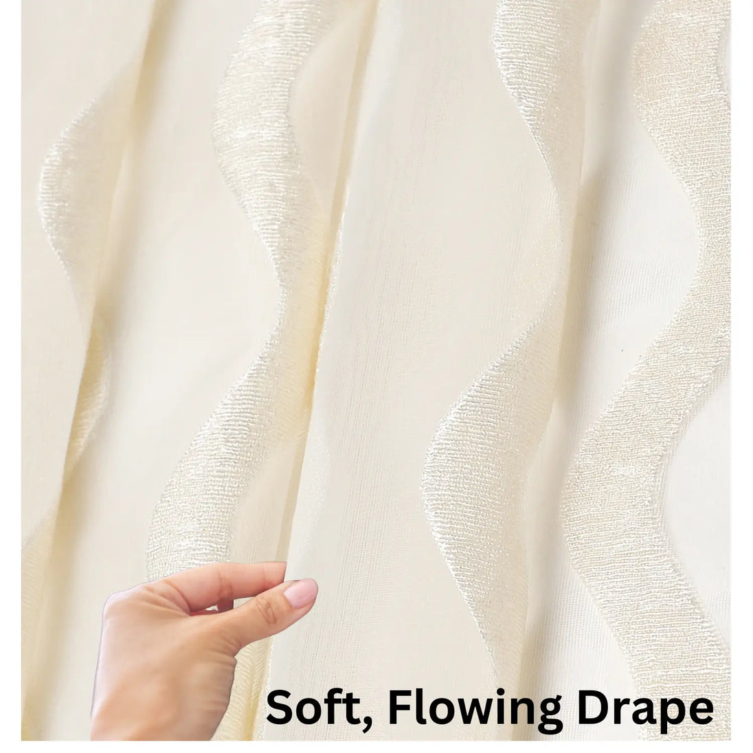 Hand holding soft, flowing beige fabric with text overlay