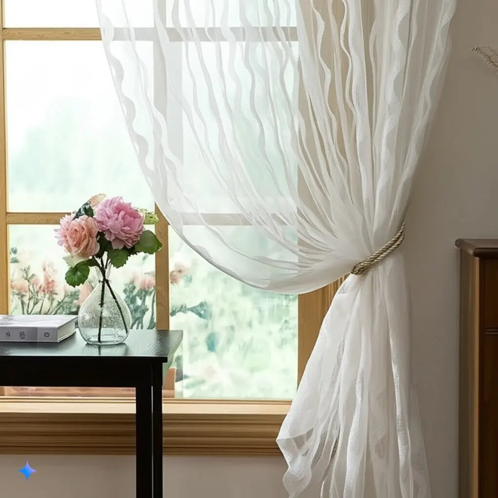 White curtain with floral arrangement on a windowsill