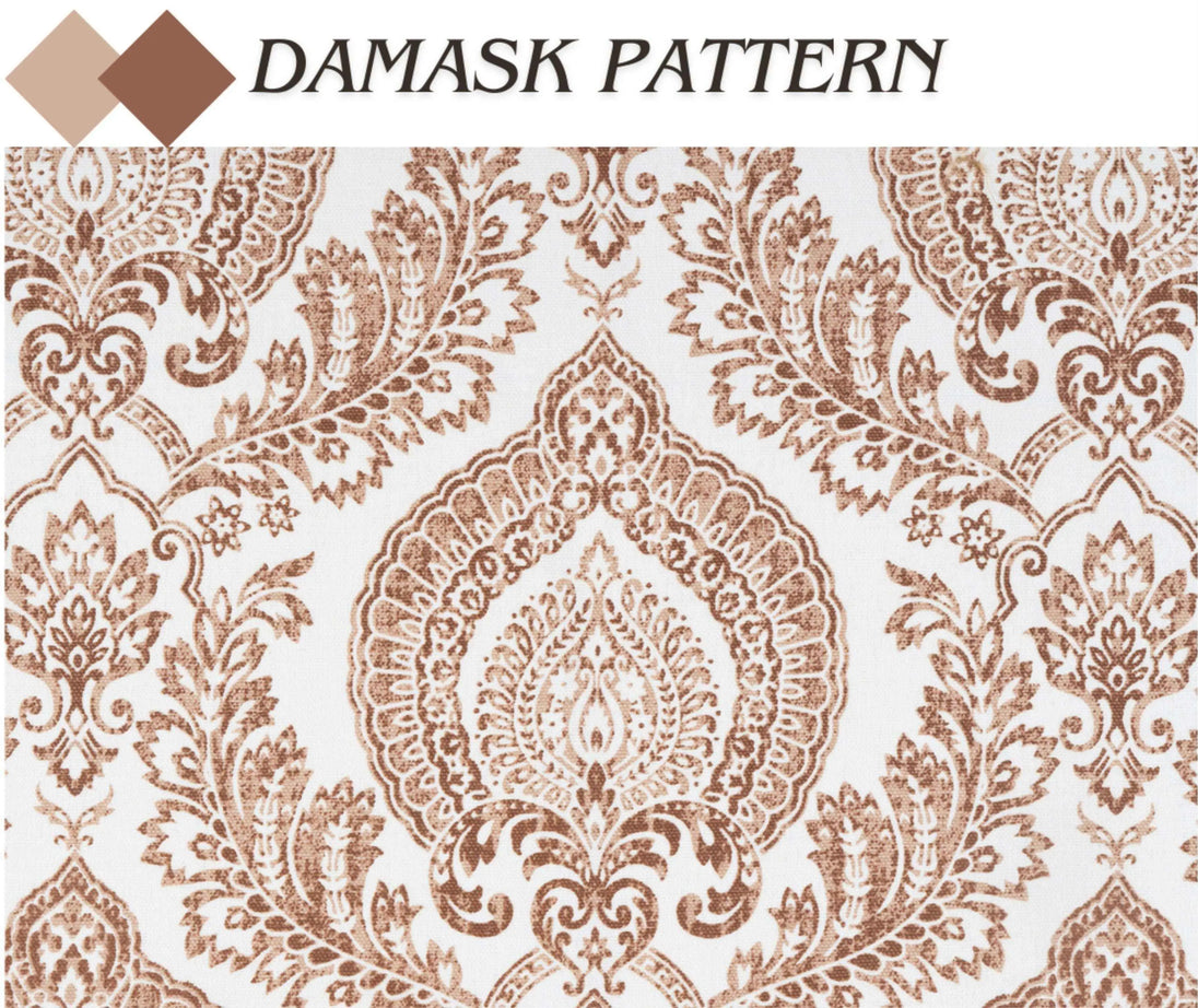 Brown and white patterned curtains with matching throw.
