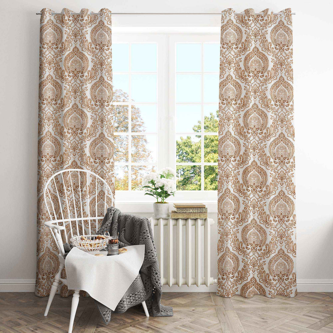 Brown damask patterned curtains in modern living room.
