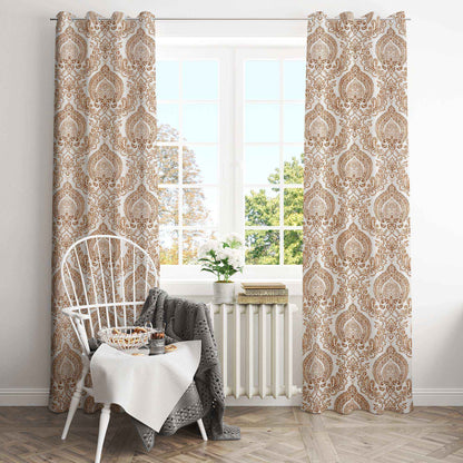 Boho brown damask print curtains hanging in a bright dining nook with white window frame, white chair, breakfast setup, and cozy neutral decor.







