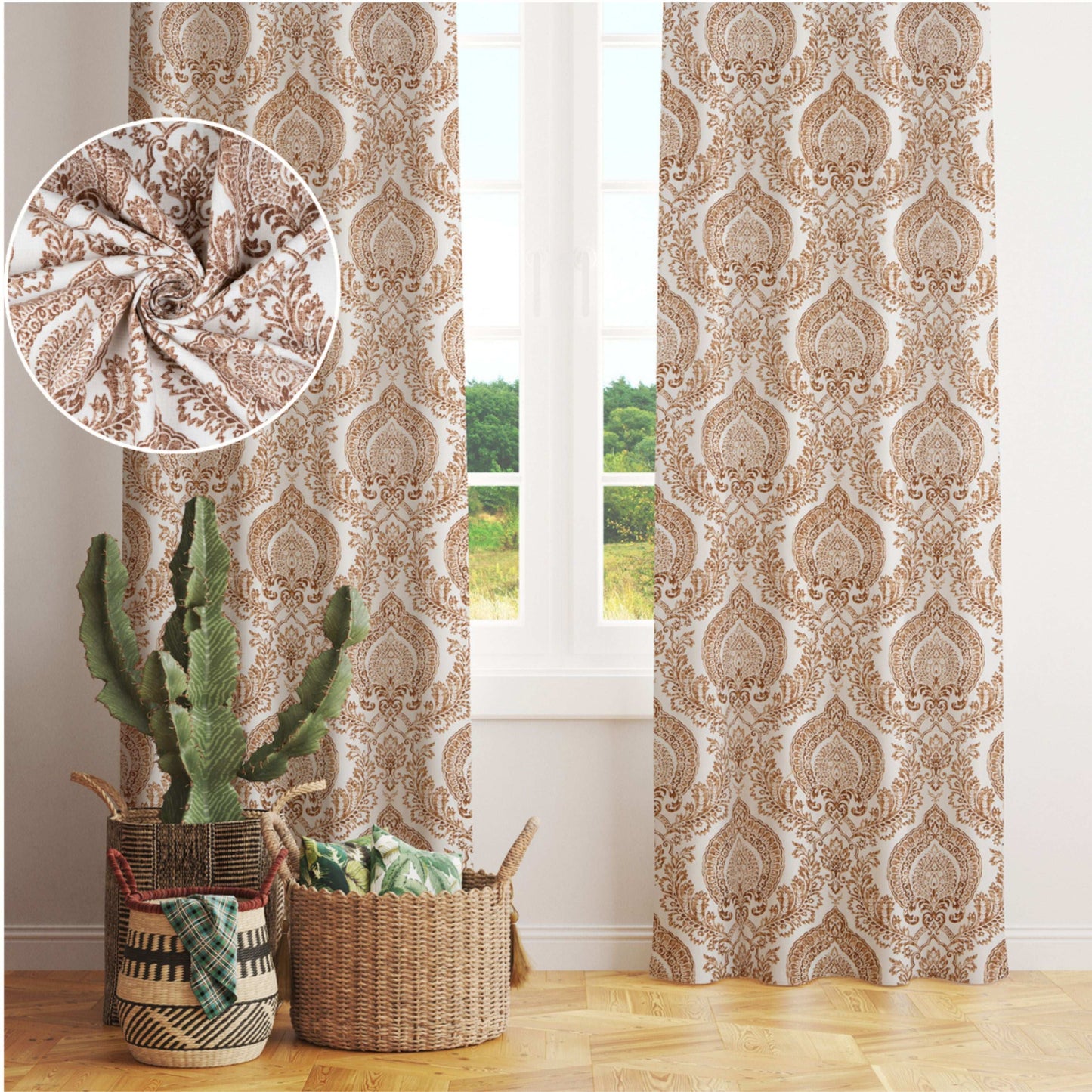 Pioneer Cotton Damask Curtains Farmhouse Boho Drapes Pair - Kapissh