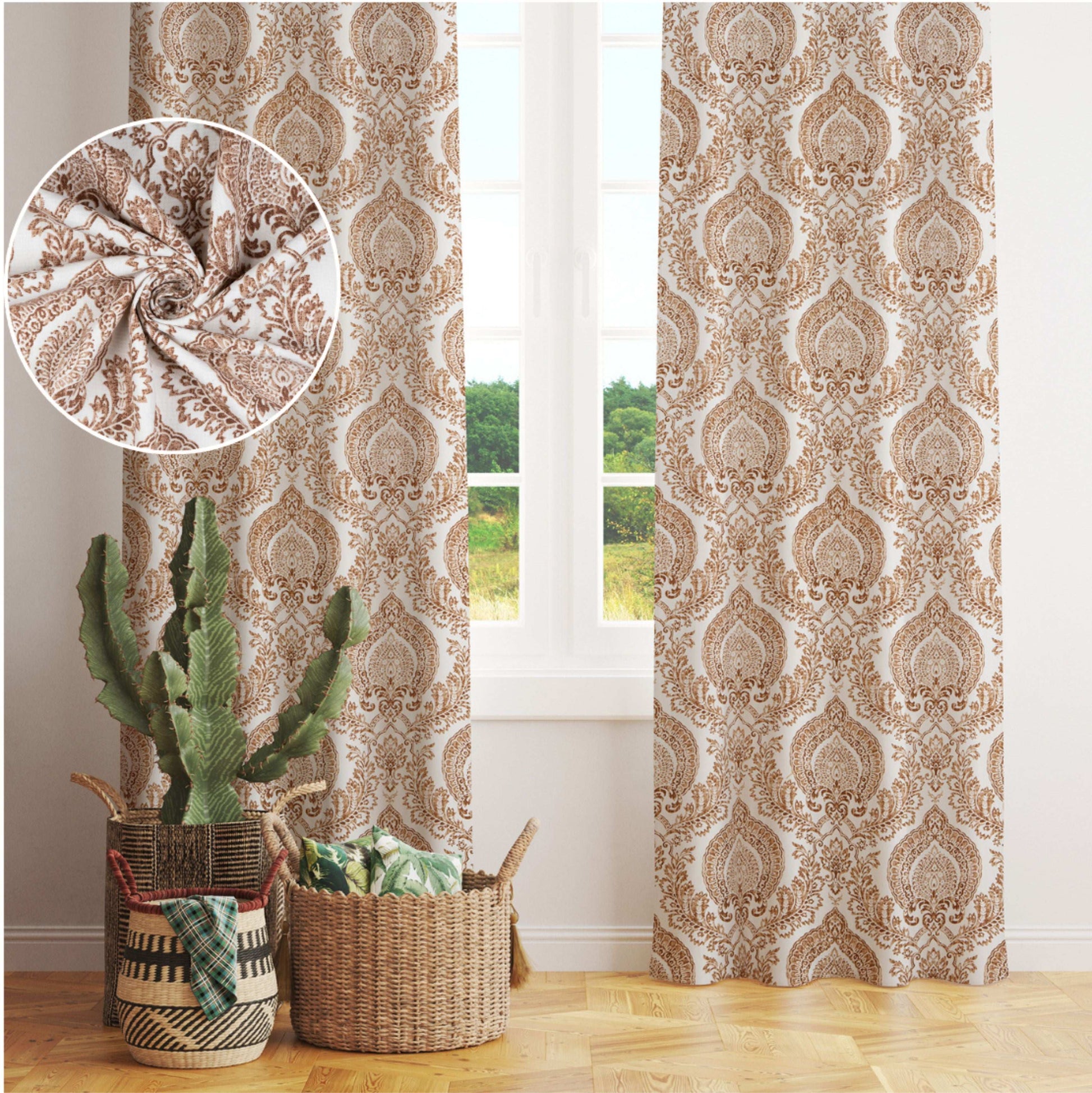 Pioneer Cotton Damask Curtains Farmhouse Boho Drapes Pair - Kapissh