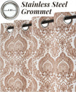 Brown damask curtains with stainless steel grommets.
