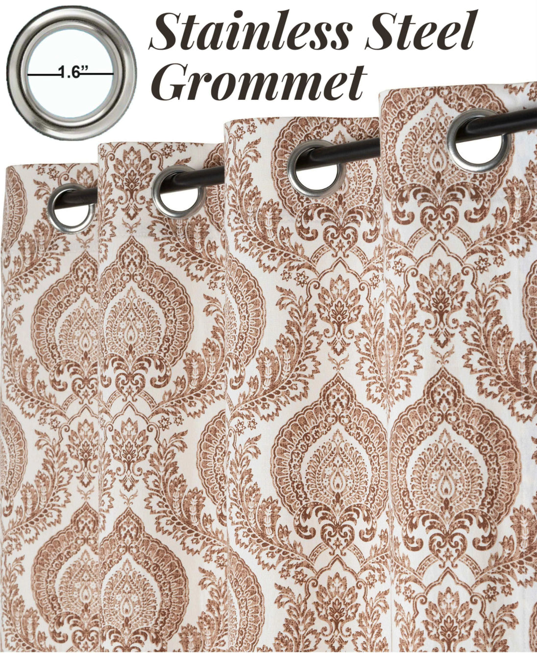 Brown damask curtains with stainless steel grommets.
