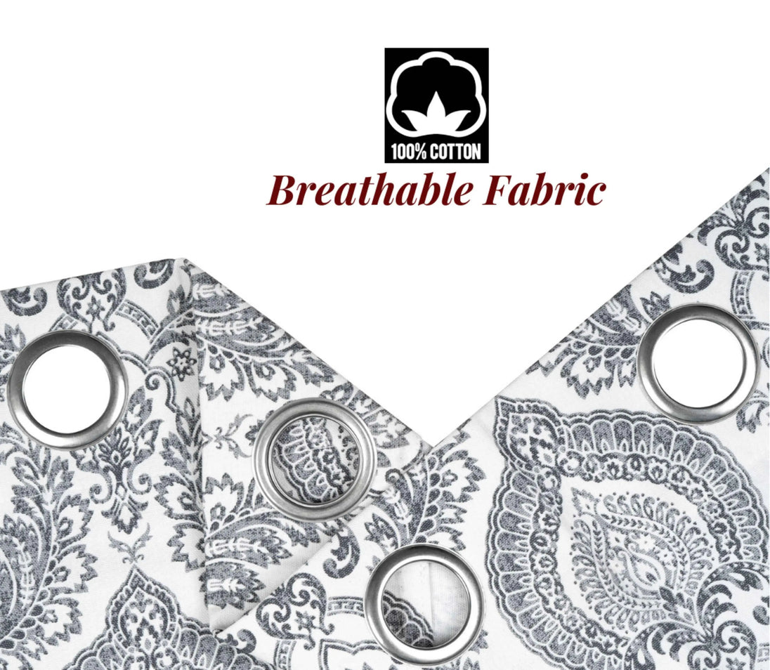 Gray damask cotton curtains with breathable fabric.
