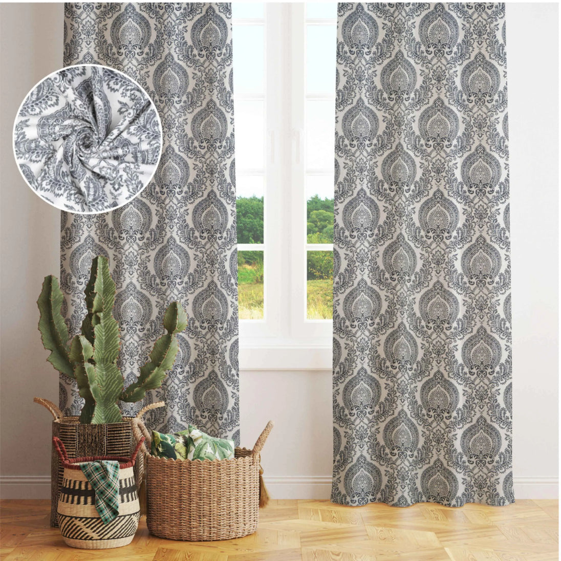 Elegant gray damask patterned curtains hanging in front of a window, 