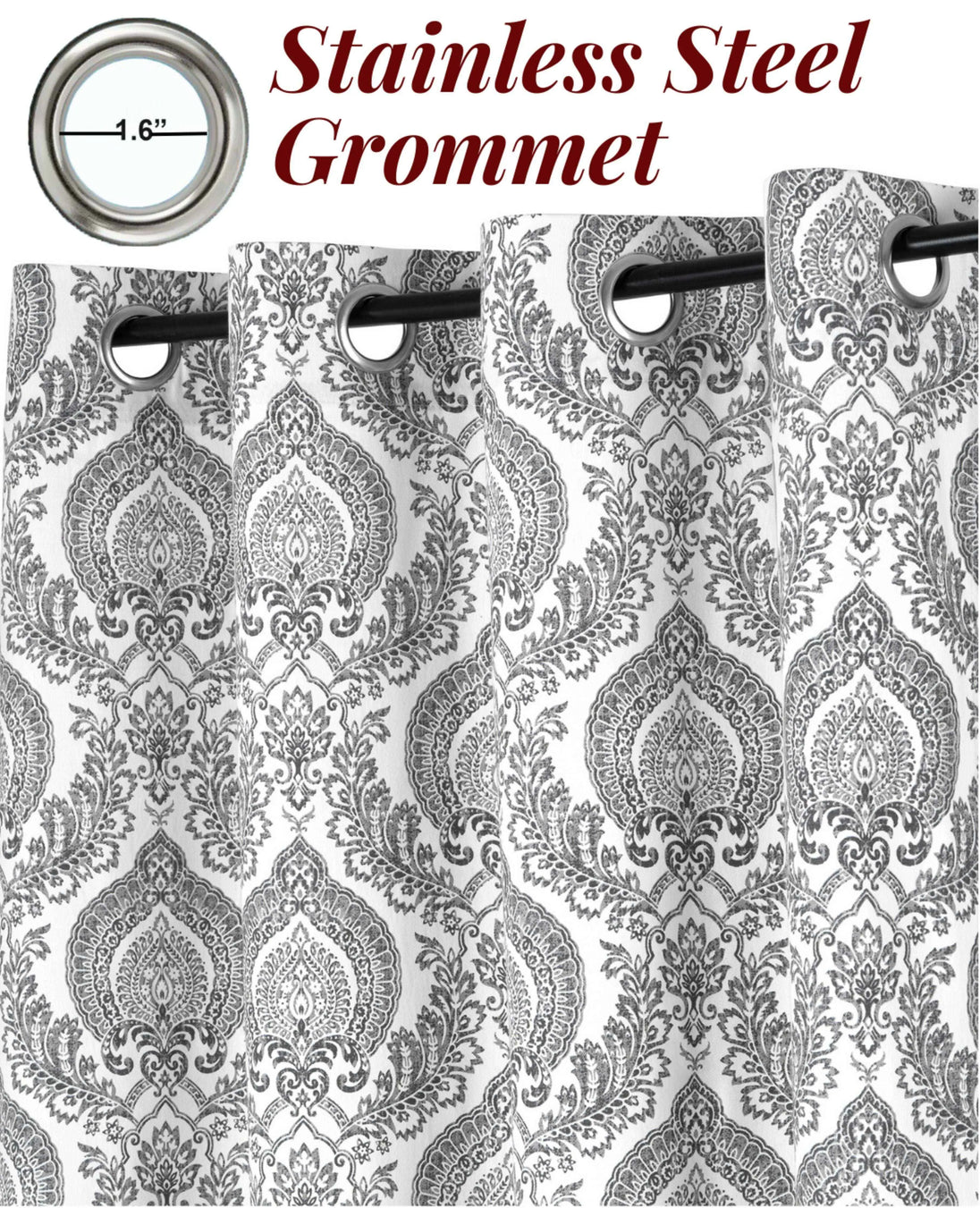 Close-up of gray damask curtains with 1.6-inch stainless