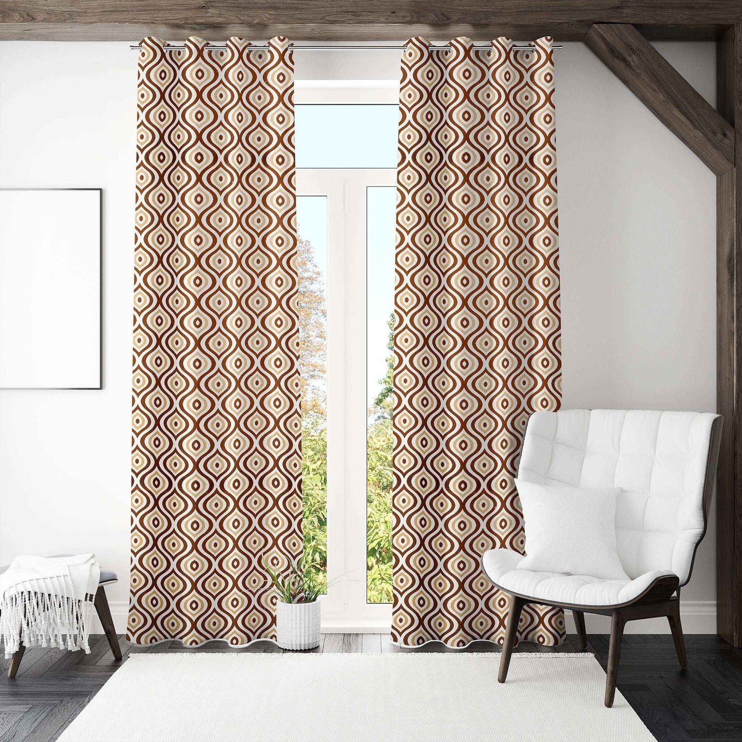 Modern living room with geometric patterned curtains, white armchair, and minimalist decor by a tall glass door.

