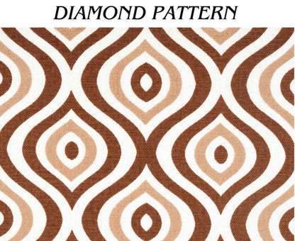 Close-up of diamond pattern fabric in brown, beige, and white tones, ideal for modern curtain or upholstery design.