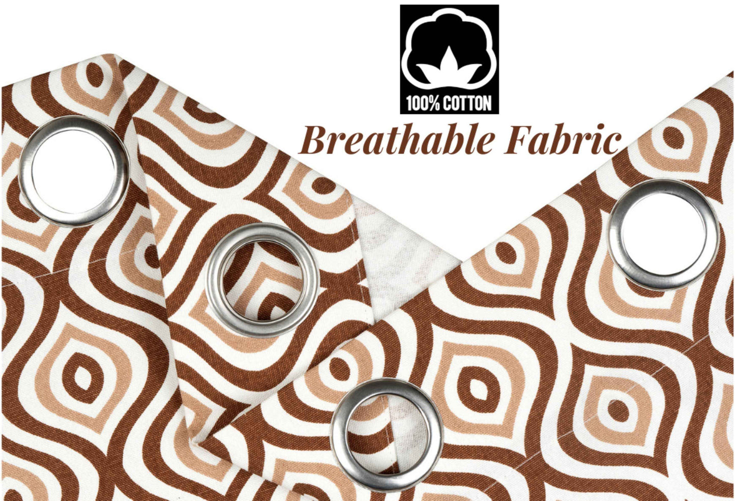 100% cotton breathable curtain fabric with brown geometric pattern and stainless steel grommets for easy installation.