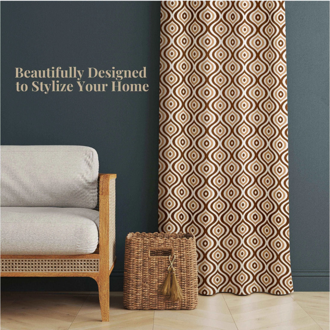 Stylish brown geometric curtains complement cozy home decor.
