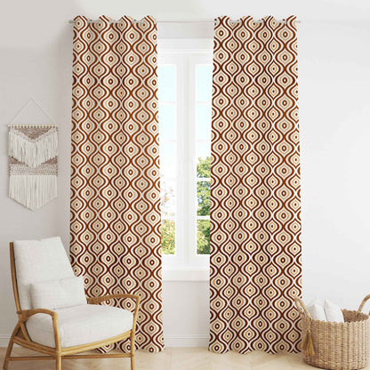 Boho-style living room with brown geometric patterned curtains, rattan armchair, and woven basket near a white-framed window.