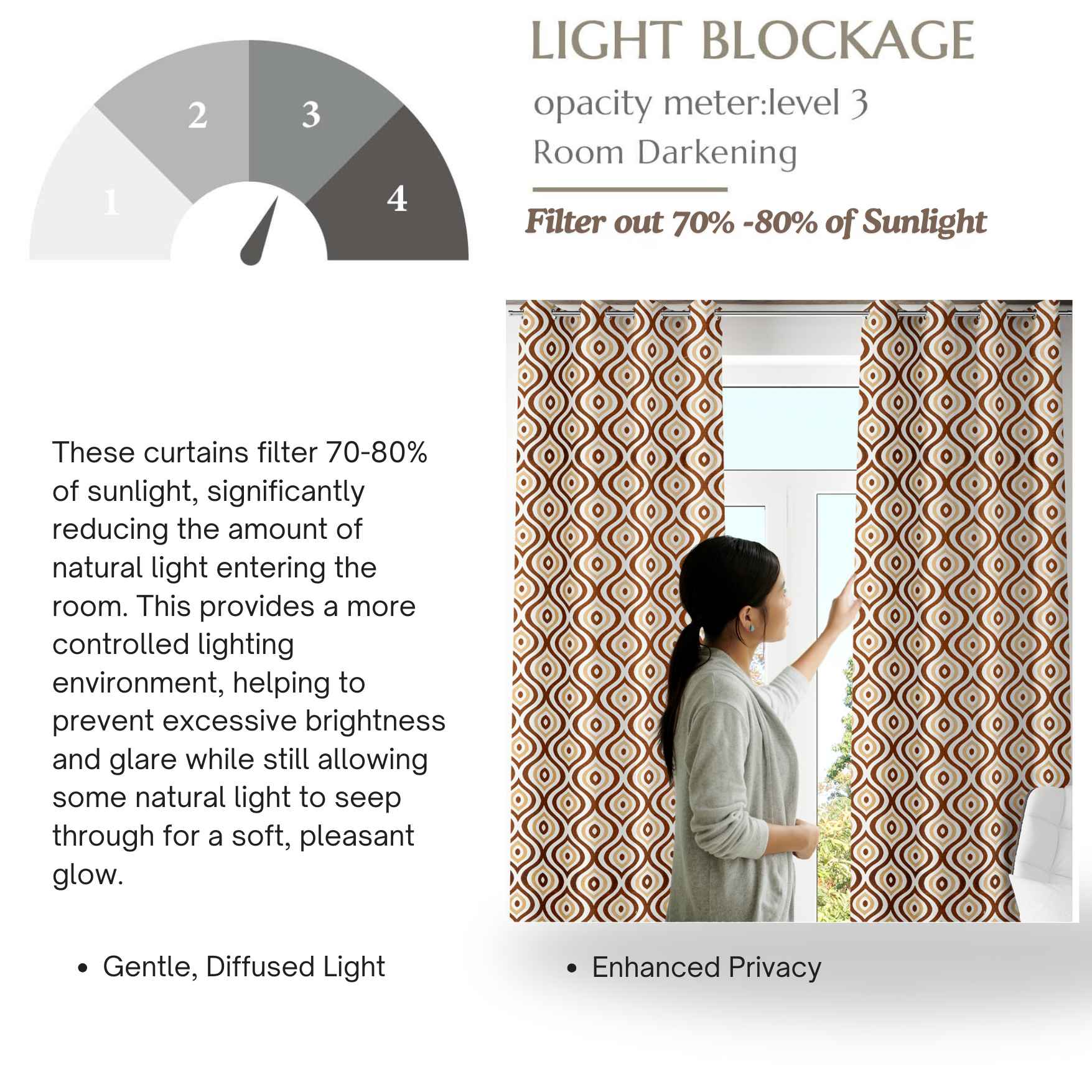 Room darkening curtains with 70–80% light blockage, featuring brown geometric design and privacy-enhancing fabric for gentle, diffused lighting.