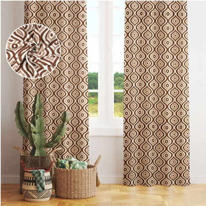 Modern boho room with brown geometric curtains, wicker baskets, cactus plant, and fabric texture inset detail.
