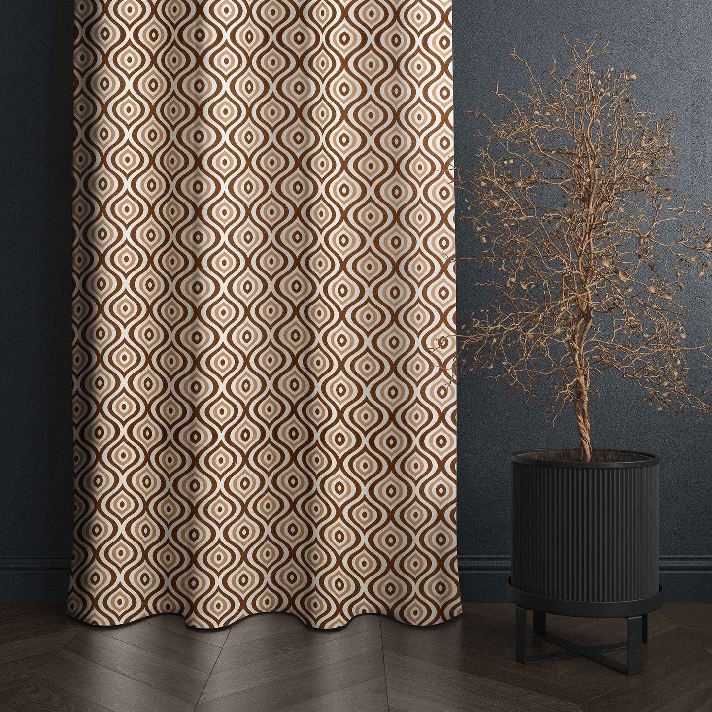 Brown geometric patterned curtain beside modern indoor plant in black planter, set against a dark textured wall.