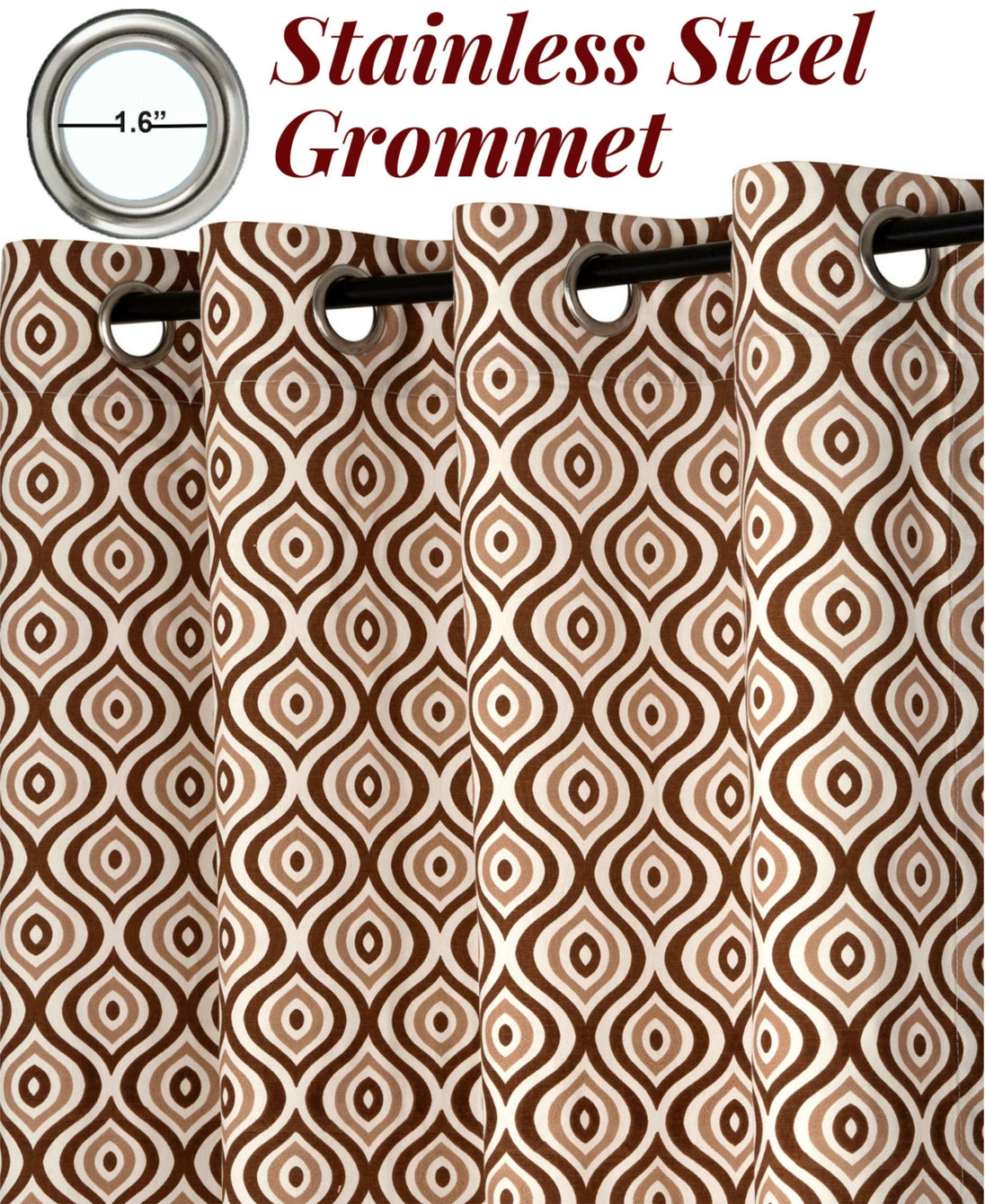 Brown geometric curtain with stainless steel grommets.
