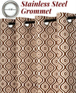 Brown geometric curtain with stainless steel grommets.
