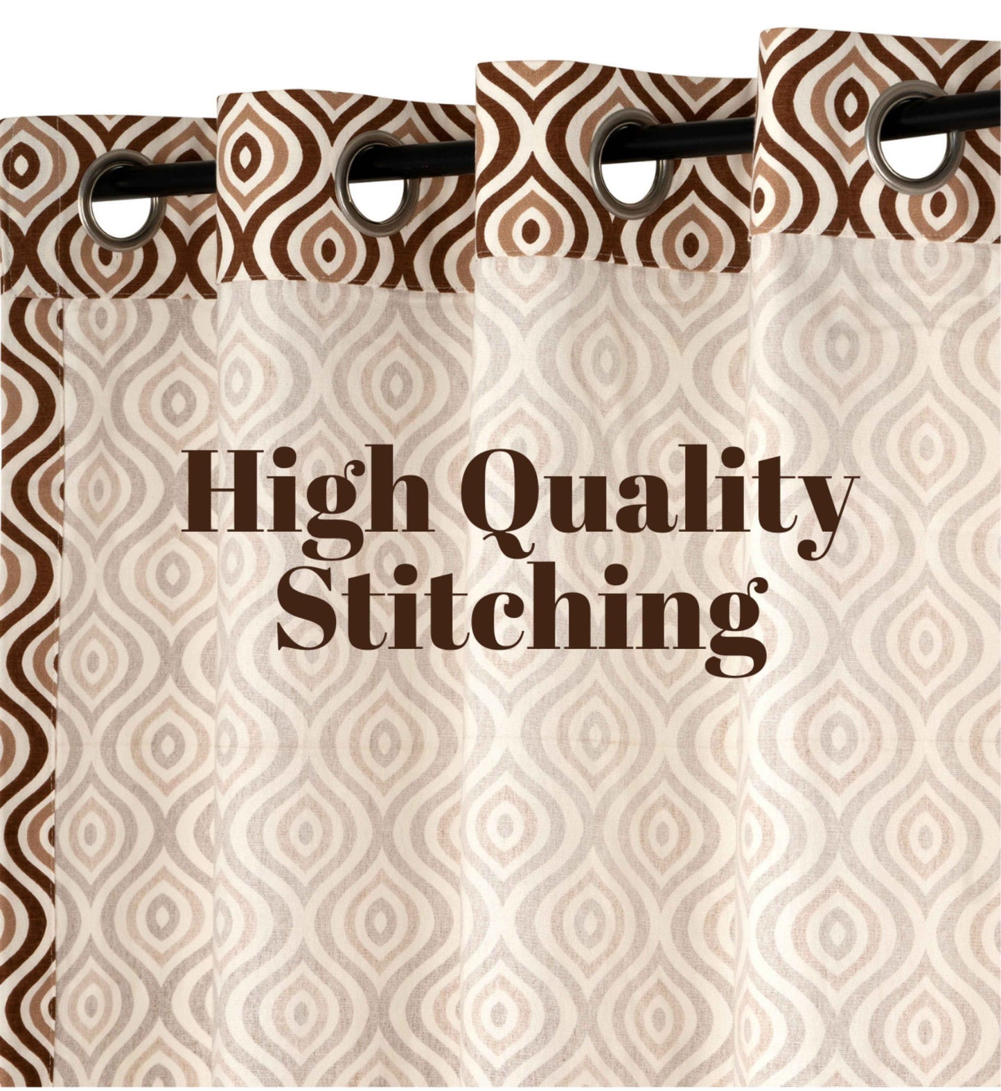 Brown geometric grommet curtains with high quality stitching and semi-sheer light filtering fabric.
