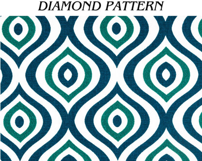 Close-up of green and navy diamond pattern fabric on white background, ideal for modern curtains or retro-inspired home textiles.
