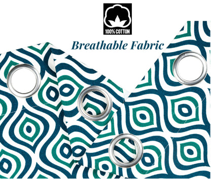 100% cotton curtains with breathable fabric and green-navy geometric pattern, featuring stainless steel grommets for easy hanging