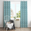Teal diamond curtains brighten cozy breakfast nook
