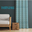 Teal geometric curtains beside rattan armchair decor
