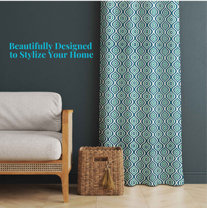 Modern interior with teal and black geometric patterned curtain, rattan armchair, woven basket, and dark accent wall.