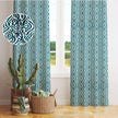 Teal diamond curtains with cozy boho decor
