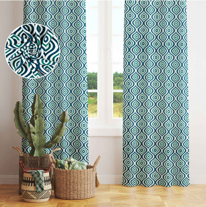 Boho-inspired room with green and navy geometric curtains, cactus plant in woven basket, and fabric texture inset detail by a bright window.