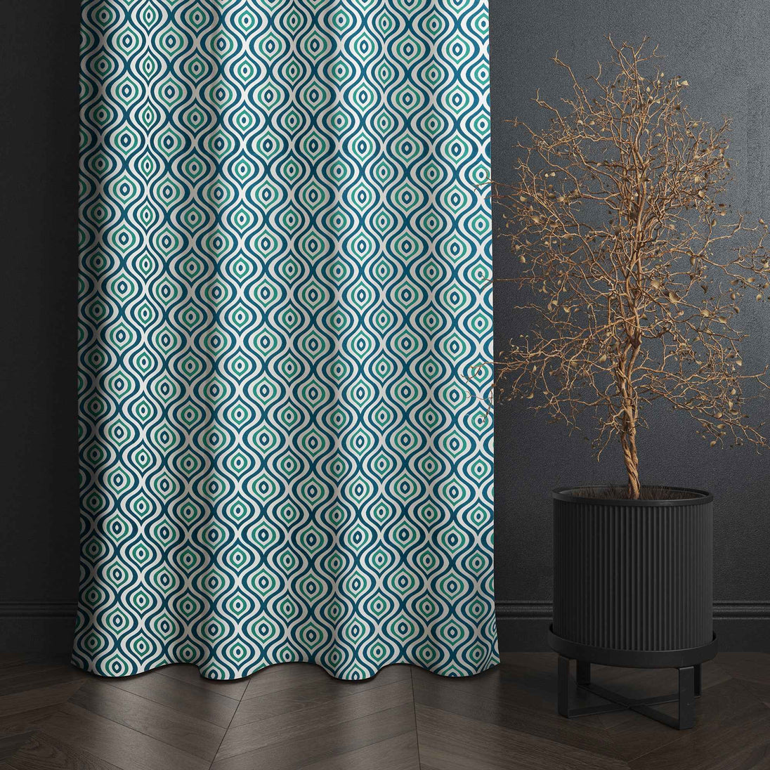 Blue diamond pattern curtain with modern potted plant
