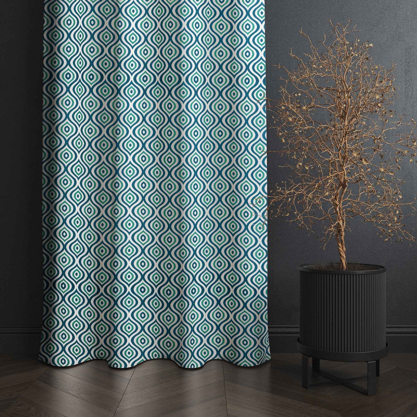 Teal and black geometric patterned curtain with dark textured wall and modern black planter featuring a decorative dried tree.