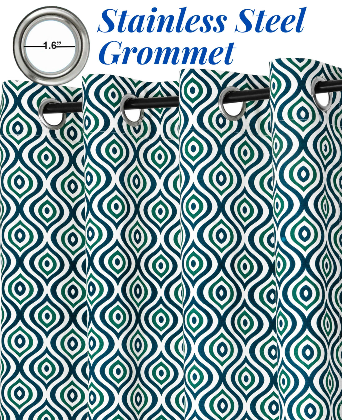Teal patterned curtains with stainless steel grommets

