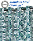 Teal patterned curtains with stainless steel grommets

