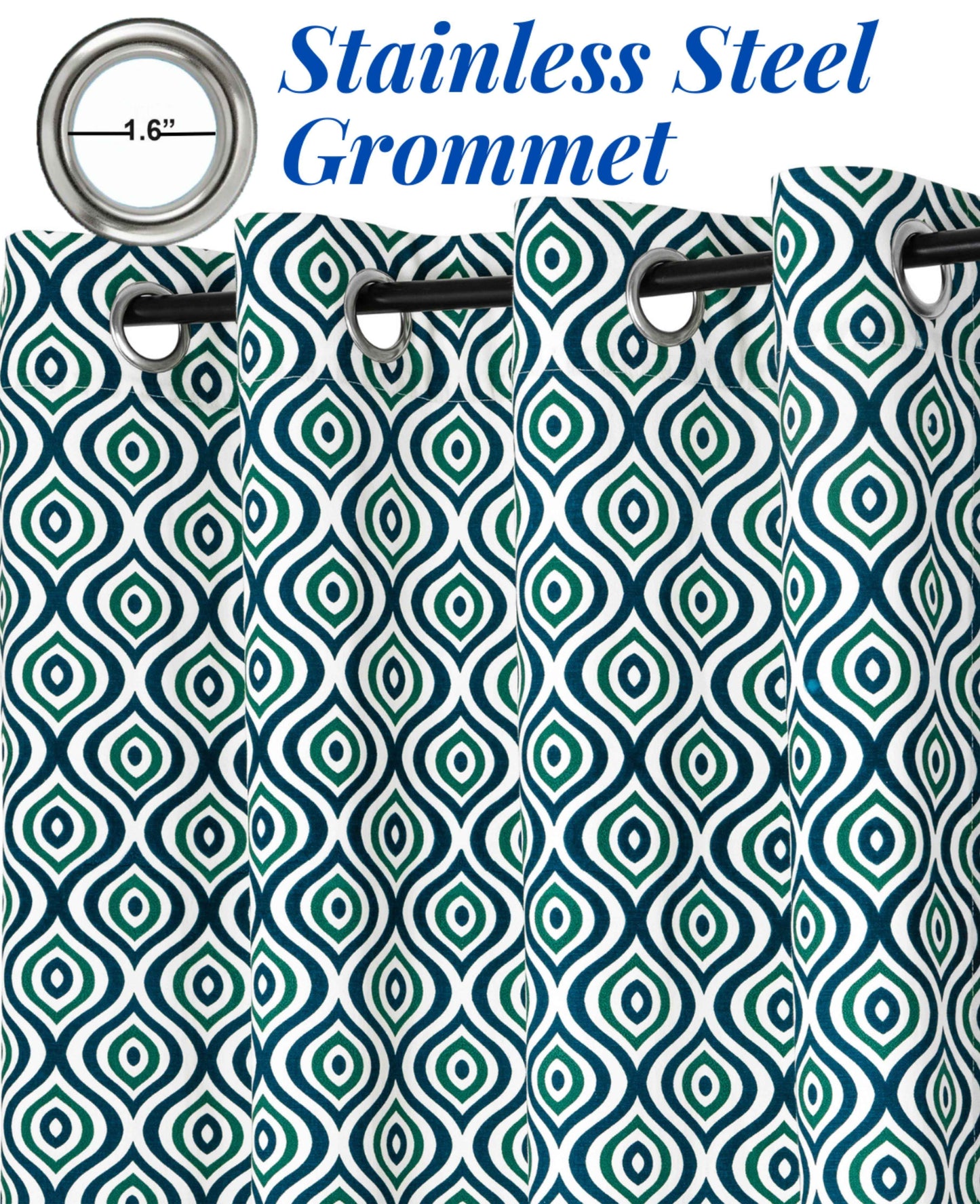 Green and navy geometric patterned curtains with 1.6-inch stainless steel grommets for easy installation and modern styling.