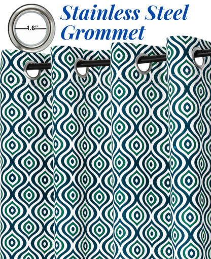 Green and navy geometric patterned curtains with 1.6-inch stainless steel grommets for easy installation and modern styling.