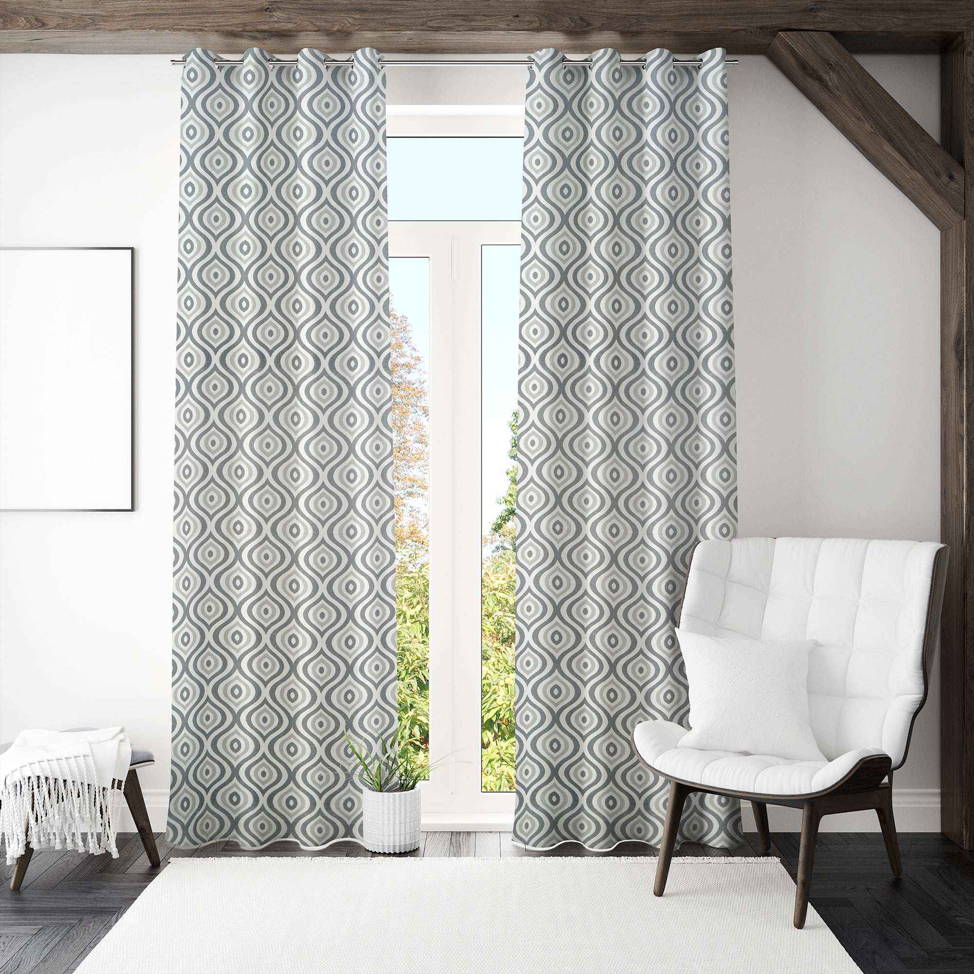 Modern geometric curtains in bright minimalist room.
