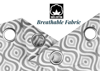 100% cotton blue-grey geometric curtains with breathable fabric and stainless steel grommets for easy hanging.
