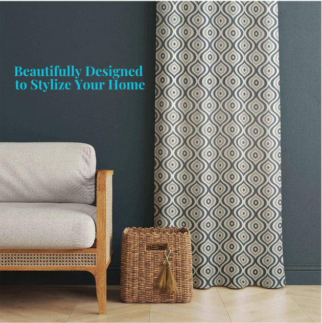 Modern geometric curtains styled in cozy home decor.
