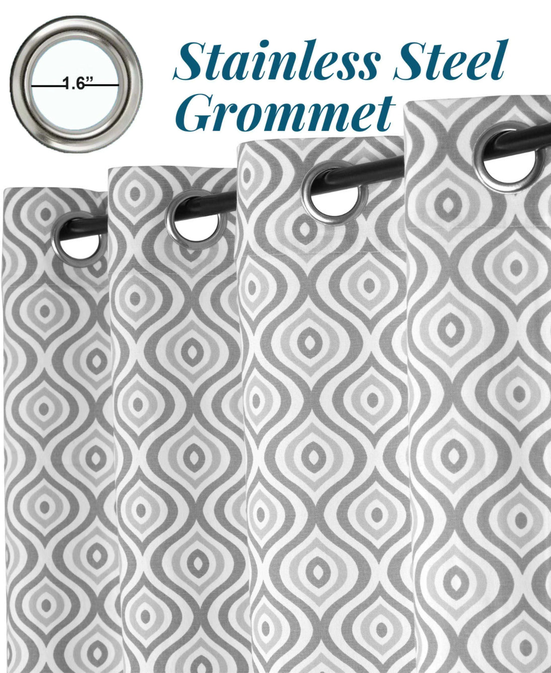 Curtains with 1.6" stainless steel grommets detail.
