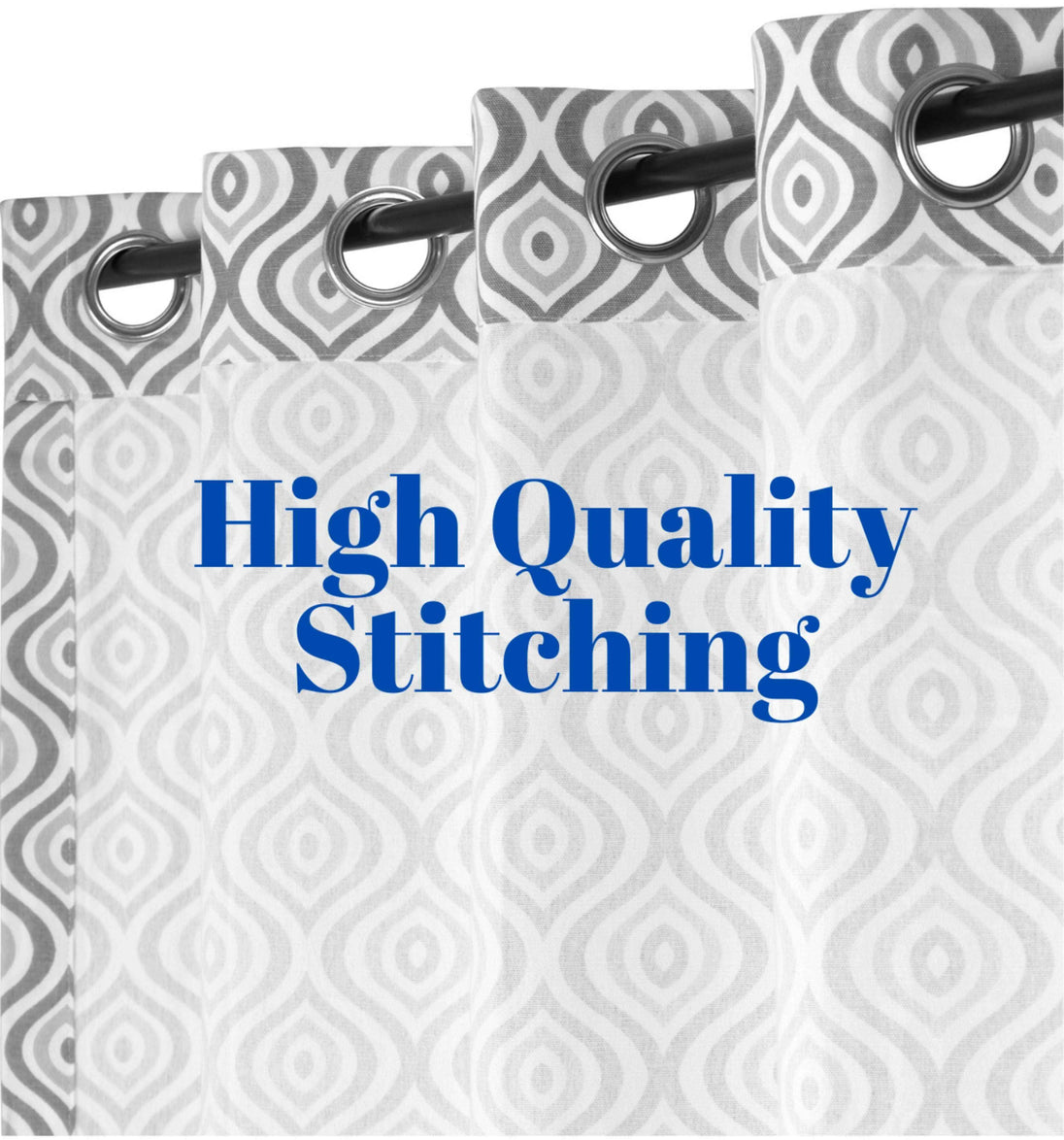 Geometric curtains featuring high-quality stitching and grommets.
