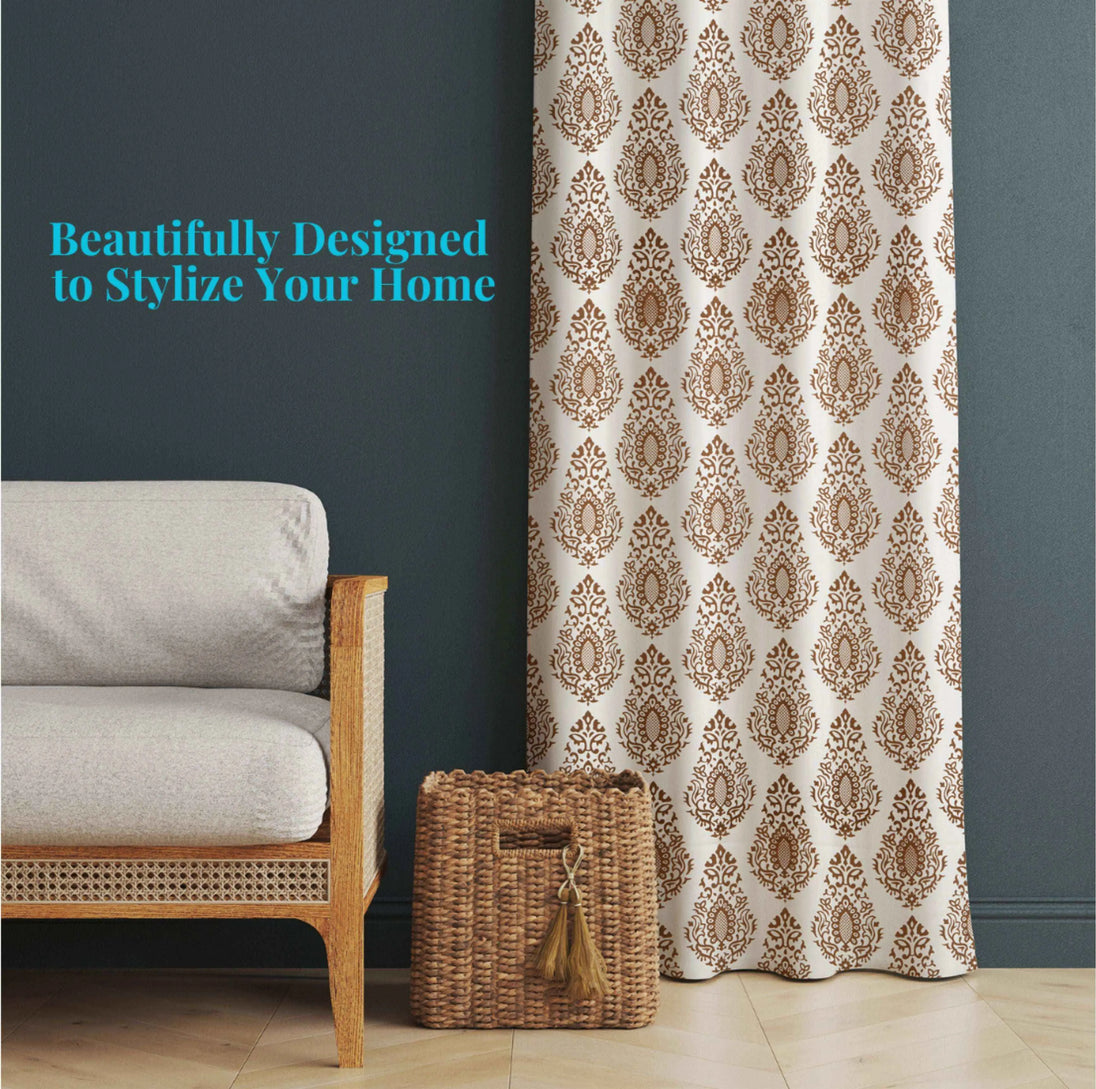 Elegant brown damask curtain with rattan decor

