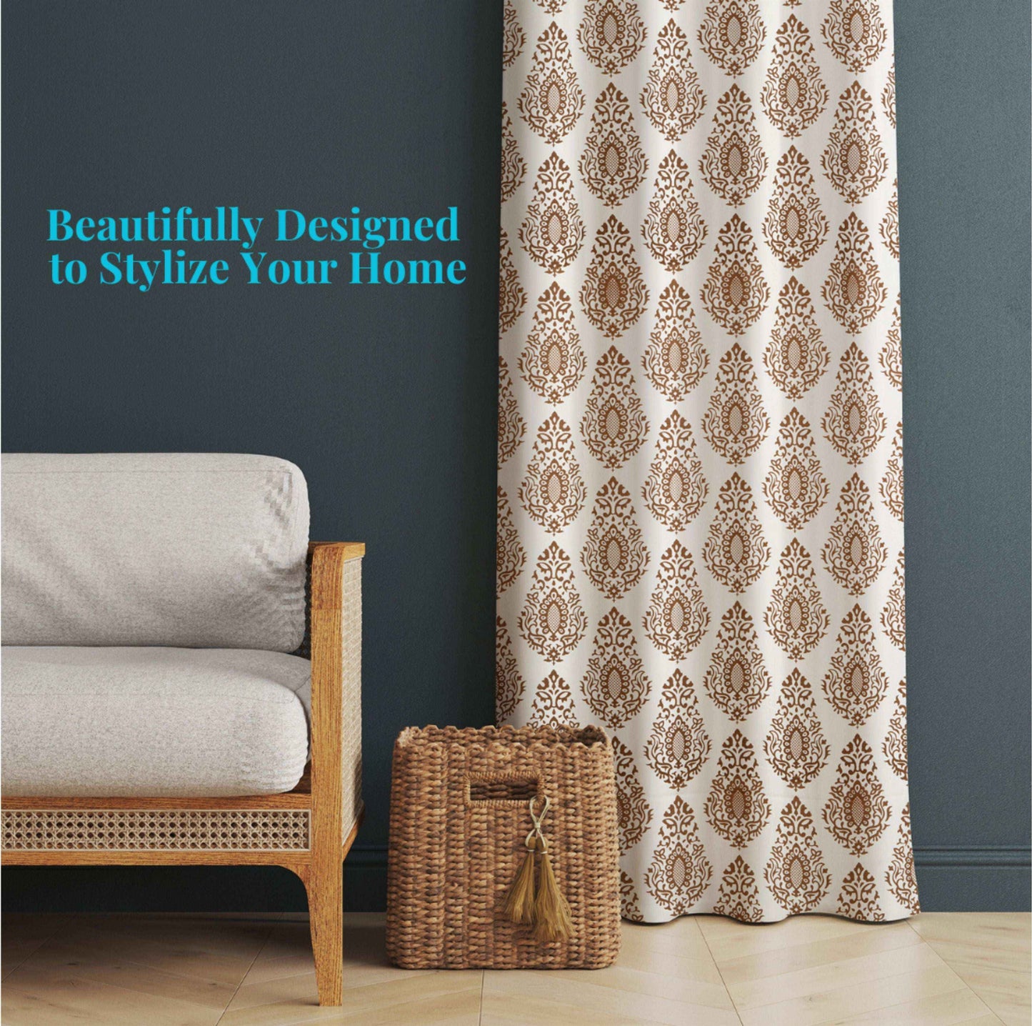 Brown damask pattern curtain in a cozy living room with wicker basket and wooden armchair, perfect for modern and stylish home décor.







