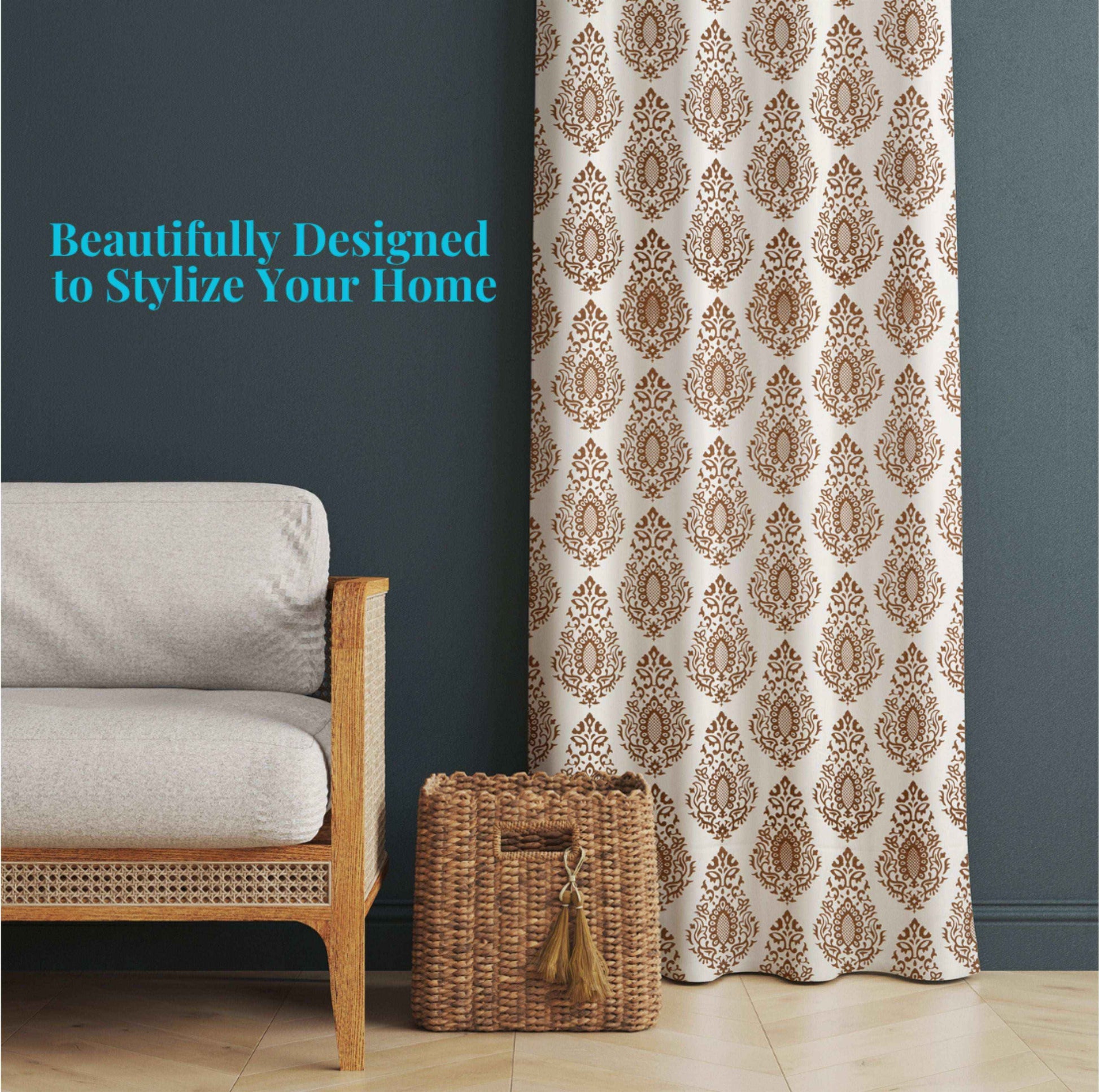 Brown damask pattern curtain in a cozy living room with wicker basket and wooden armchair, perfect for modern and stylish home décor.







