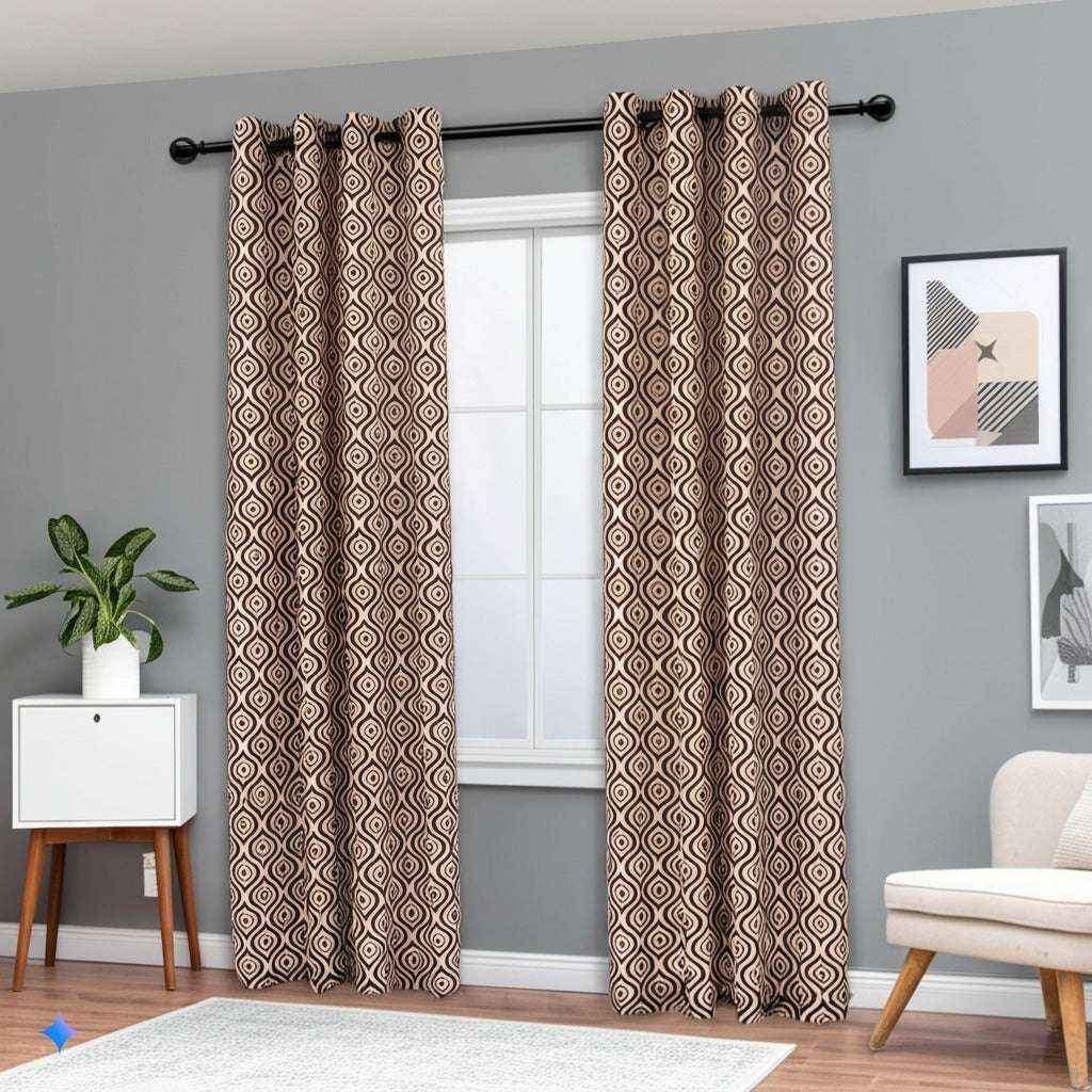 Contemporary living room with patterned brown geometric curtains, mid-century modern furniture, and gray accent wall.