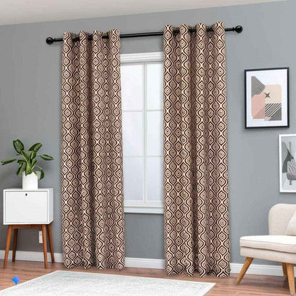 Contemporary living room with patterned brown geometric curtains, mid-century modern furniture, and gray accent wall.