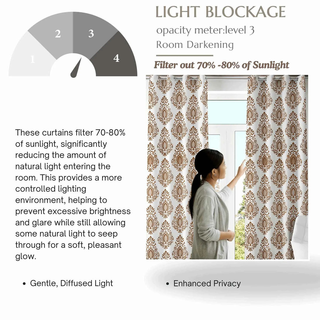 Brown damask curtains provide 70–80% light blockage
